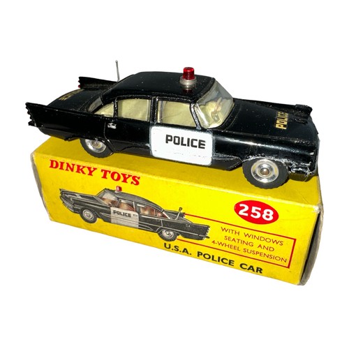 85 - Dinky Cadillac USA Police Car No. 258, excellent in good plus box (some minor creasing), black with ... 