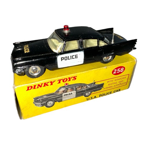 85 - Dinky Cadillac USA Police Car No. 258, excellent in good plus box (some minor creasing), black with ... 