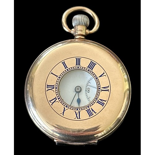 98 - A 9ct half hunter gold pocket watch with Rolex movement. Case diameter approx 48mm. Weight 96.5g.

P... 