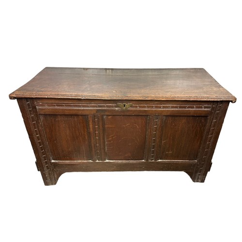 335 - 17th Century panelled oak coffer, width 108cm, depth 48cm, height 61cm.