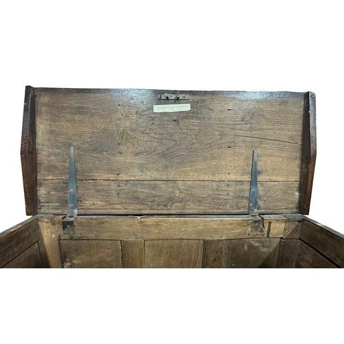 335 - 17th Century panelled oak coffer, width 108cm, depth 48cm, height 61cm.