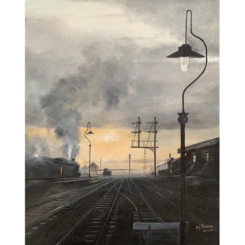 419 - Wrenford Thatcher (British, b. 1944) – Oil on canvas atmospheric painting of a steam train leaving a... 