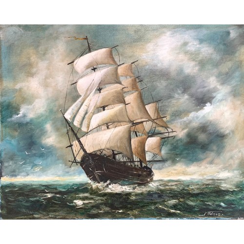 422 - John J Holmes (British, 1937-2015) – Oil on canvas painting of a large sailing ship on stormy waters... 