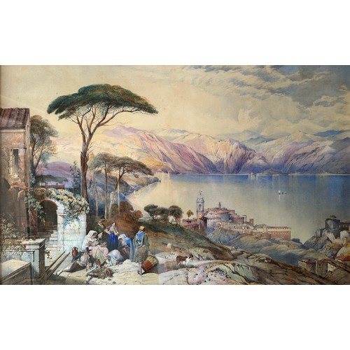 402 - E. Day (19th Century) – Large watercolour on paper rural lake scene, likely Italian, with a domestic... 