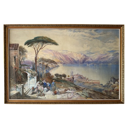 402 - E. Day (19th Century) – Large watercolour on paper rural lake scene, likely Italian, with a domestic... 