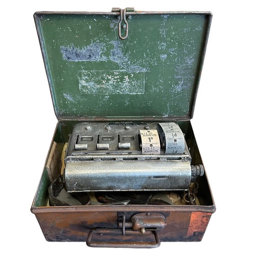 338 - Automaticket Ltd London bus ticket machine, housed in tin with partially attached leather strap. ‘Ul... 