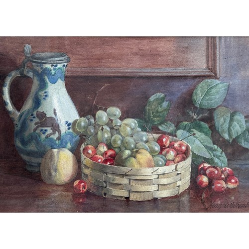 400 - Henry Whitromb (British, b. 1878) – ‘July Fruit’, watercolour still life with fruit bowl, tankard & ... 