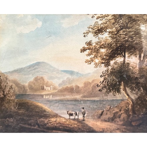 398 - English School, Watercolour landscape featuring a rural farmer walking his cows stood before a lake ... 