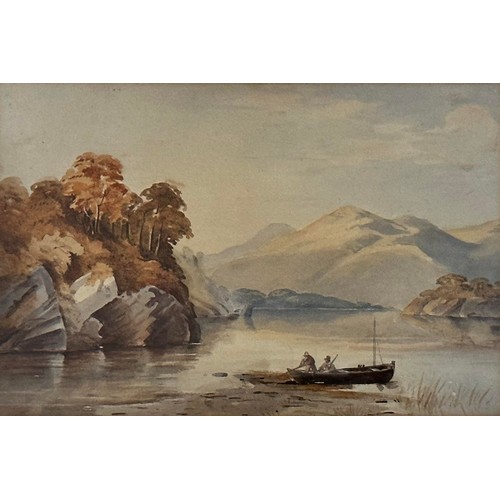 399 - English School, Watercolour landscape featuring a fishing boat pulling into a lakes shore with rolli... 