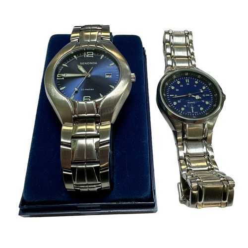 116 - Pair of Stainless Steel watches, both having blue dials, with a boxed Sekonda 50m Quartz Analogue wi... 