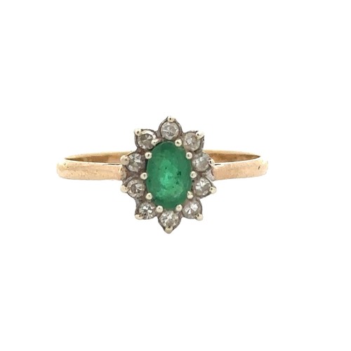 24 - A 9ct gold emerald and diamond cluster ring, size Q. Oval emerald 6mm x 4mm.  Ring weight 1.62g.

Pl... 