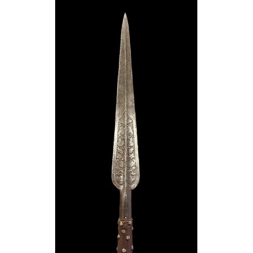 280 - Spanish (or Italian) large Ceremonial Staff with very long leaf spear tip, brass studded leather han... 