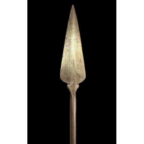 287 - African short Spear, arrowhead shaped spear head, wooden shafter with upper grip. Flat head length 1... 