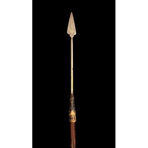 287 - African short Spear, arrowhead shaped spear head, wooden shafter with upper grip. Flat head length 1... 