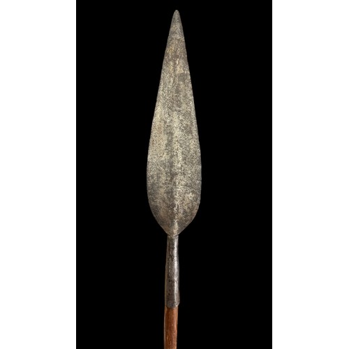 288 - Sudanese, large leaf shaped head long Spear, with flat iron leaf shaped spear head, wooden shaft and... 