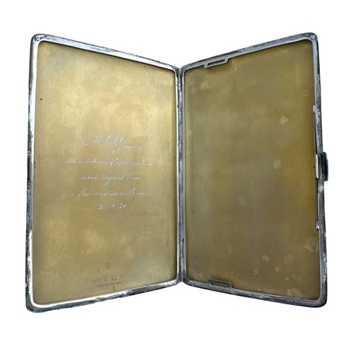 144 - A silver cigarette case with engine turned pattern. Birmingham C&C 1954 hallmarks. Inscribed and dat... 