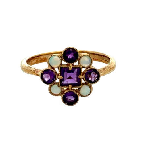 66 - A 9ct gold amethyst and opal cluster ring, size Q.  Birmingham hallmarks. Weight 2.4g.
Please see th... 