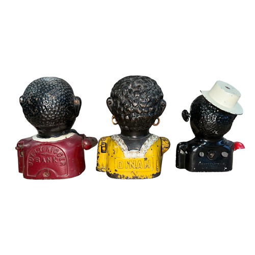 343 - Black Americana antique cast money boxes with harder to find man with white hat and rare Dinah c1911... 