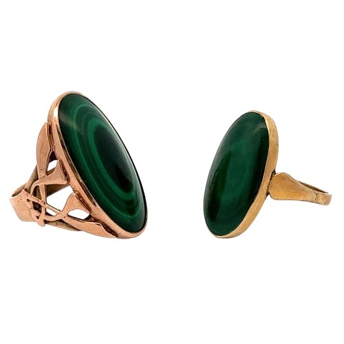 67 - Two oval cabochon cut malachite rings, both size P and set in hallmarked 9ct gold. Large malachite a... 