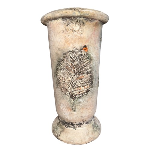 357 - Terracotta planter with applied leaf decoration to either side. Height 32cm.