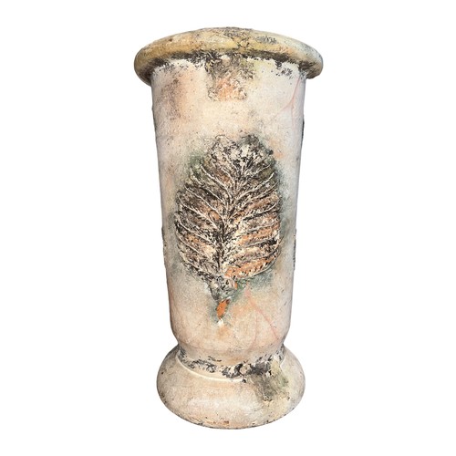 357 - Terracotta planter with applied leaf decoration to either side. Height 32cm.