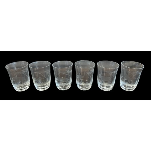 355 - Rowland Ward, set of six boxed Rowland Ward Safari animal engraved glass tumblers. With; Rhino, Buff... 