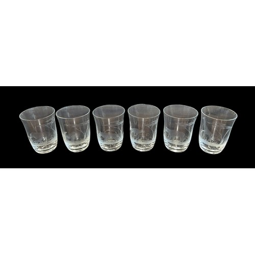 355 - Rowland Ward, set of six boxed Rowland Ward Safari animal engraved glass tumblers. With; Rhino, Buff... 