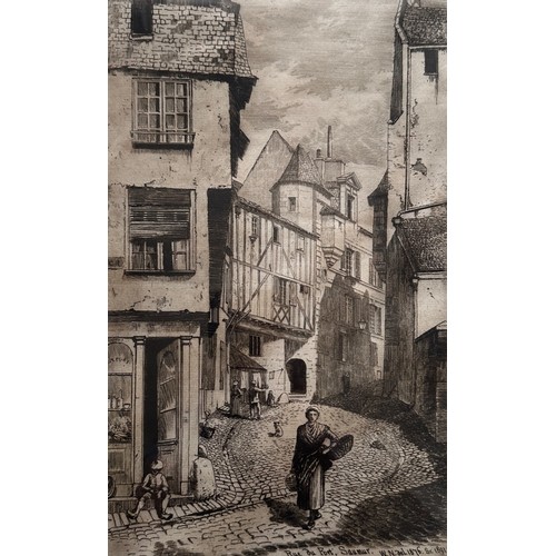 394 - W Niven ‘Rue du Fort, Saumur.’ Original etching, framed and signed in pencil to lower right. Street ... 