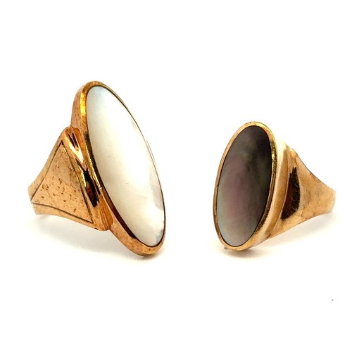 49 - Two 9ct gold rings set with shell / mother of pearl,  both size Q. Larger ring 31mm in length, small... 