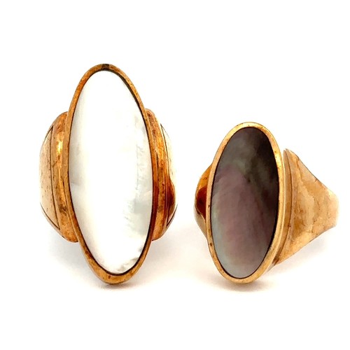 49 - Two 9ct gold rings set with shell / mother of pearl,  both size Q. Larger ring 31mm in length, small... 