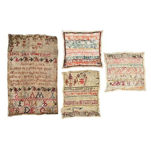 323 - Four Victorian Embroidery samplers, varying sizes and conditions, to include; 1812 Alphabet sampler ... 