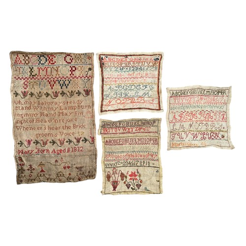 323 - Four Victorian Embroidery samplers, varying sizes and conditions, to include; 1812 Alphabet sampler ... 