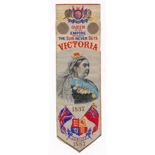 332 - Pair of Royal silk commemorative items to include; 1887 Thomas Stevens Queen Victoria Golden Jubilee... 