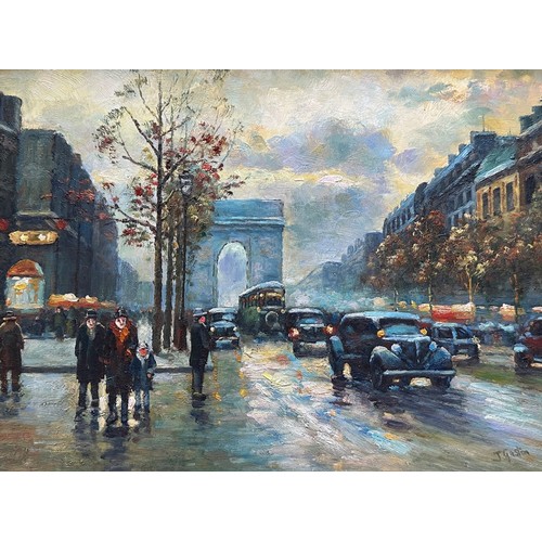 426 - Johnny Gaston (British, b. 1955), Champs Elysee Street scene Paris, oil on board painting of a stree... 