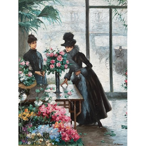 424 - P. Masin, Oil on board copy of ‘Buying Flowers’ by Victor Gabriel Gilbert, interior and clothing of ... 