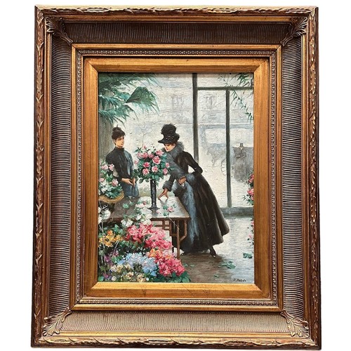 424 - P. Masin, Oil on board copy of ‘Buying Flowers’ by Victor Gabriel Gilbert, interior and clothing of ... 