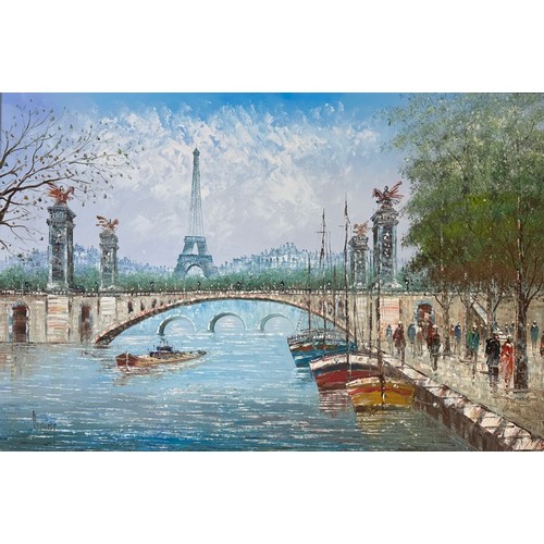 429 - René Borivet (French), Oil on canvas painting of Paris from the River Seine, oil on canvas with impa... 