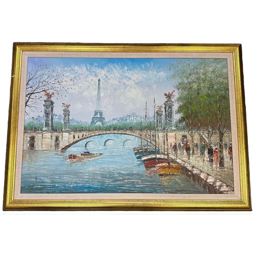 429 - René Borivet (French), Oil on canvas painting of Paris from the River Seine, oil on canvas with impa... 