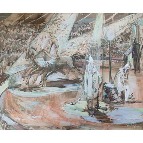 415 - Terry McGlynn (British, 1903-1973), ‘The Circus’ watercolour and gouache on board painting of a circ... 