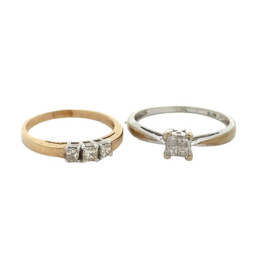 63 - Two diamond rings. A princess-cut three stone diamond ring, stamped 375, size K. Diamond weight appr... 