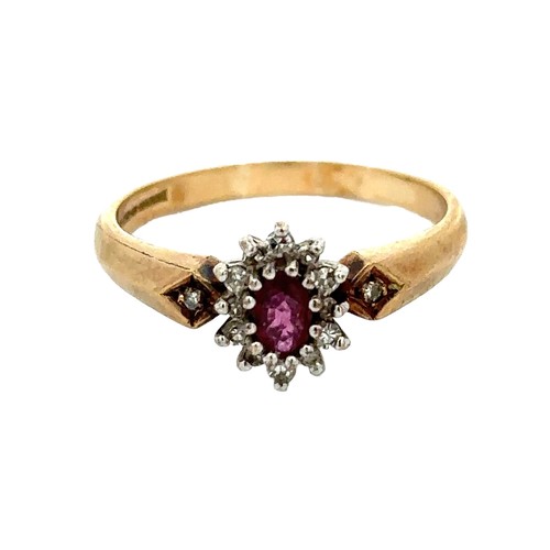 84 - A ruby and diamond cluster ring with diamond accents in the shoulders, size Q. Hallmarked 9ct yellow... 