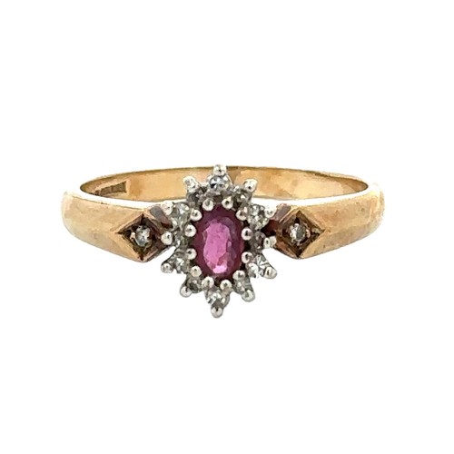 84 - A ruby and diamond cluster ring with diamond accents in the shoulders, size Q. Hallmarked 9ct yellow... 