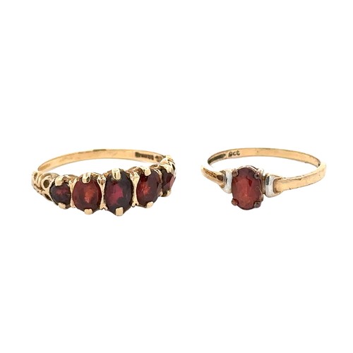 85 - Two garnet rings, a hallmarked 9ct yellow gold five stone oval garnet ring size P. Also a single sto... 