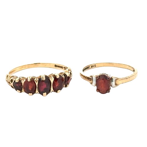 85 - Two garnet rings, a hallmarked 9ct yellow gold five stone oval garnet ring size P. Also a single sto... 