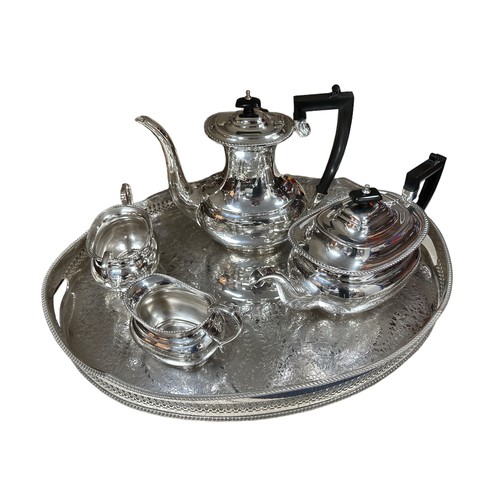 156 - Silver plate Art Deco style four-piece tea and coffee service plus tray, generally excellent to good... 