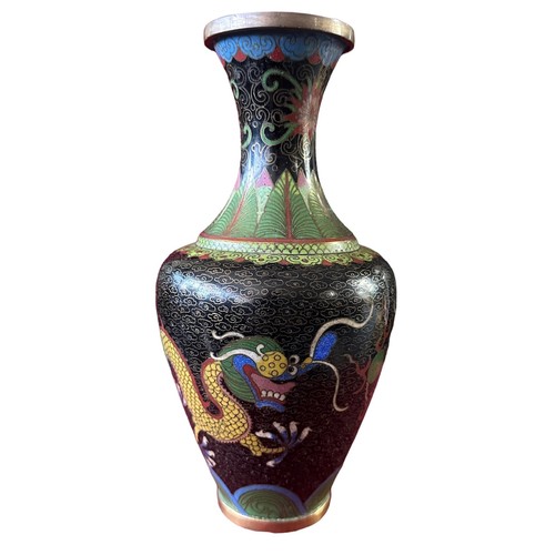 293 - Pair of Oriental Cloisonne Vases. approx. H23cm, both have dragon motif swirl patterning, damage to ... 