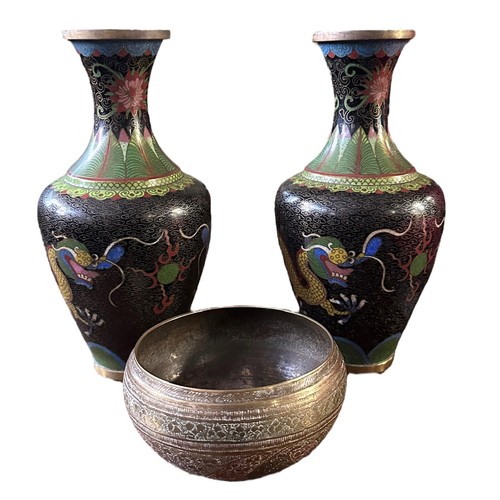 293 - Pair of Oriental Cloisonne Vases. approx. H23cm, both have dragon motif swirl patterning, damage to ... 