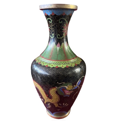 293 - Pair of Oriental Cloisonne Vases. approx. H23cm, both have dragon motif swirl patterning, damage to ... 