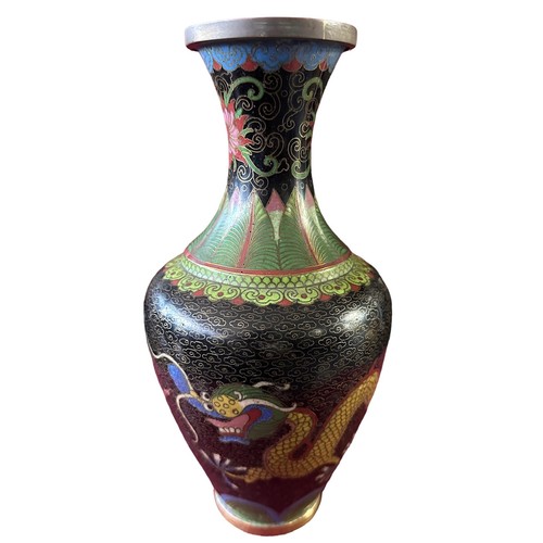 293 - Pair of Oriental Cloisonne Vases. approx. H23cm, both have dragon motif swirl patterning, damage to ... 