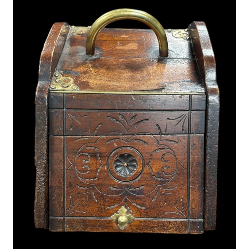 340 - Wooden coal scuttle, opening front flap, removable metal liner, brass handle and fittings, approx. s... 